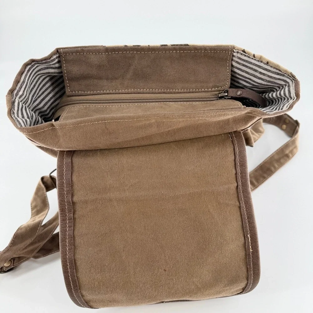 CLEA RAY Le Jardin Floral Canvas Leather Backpack Purse Upcycled Brown